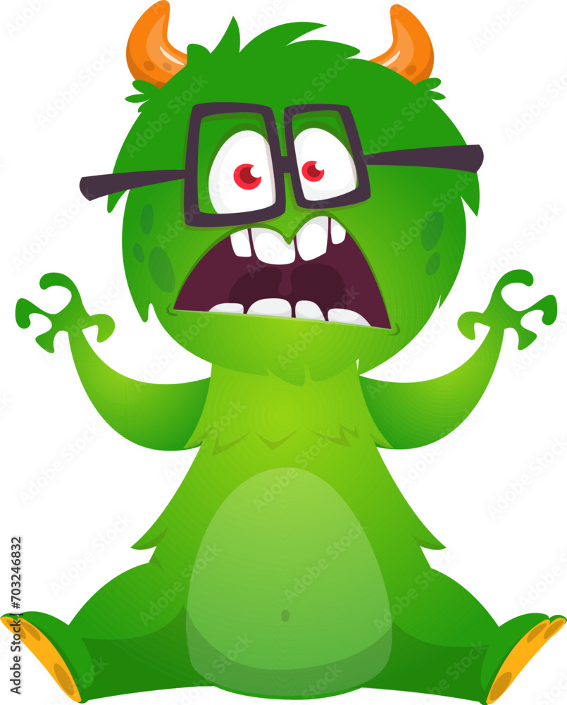 Fototapeta premium Cartoon angry monster with scary face expression screaming. Vector illustration isolated on white. Great for Halloween party or package design