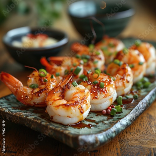 Crevettes, gambas cuisinées et bien présentées alignées sur une assiette. Shrimp, prawns cooked and well presented lined up on a plate. photo