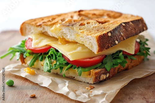 Sandwich basique, tomates, roquettes, fromage appétissant sur fond blanc. Basic sandwich, tomatoes, arugula, appetizing cheese on a white background.