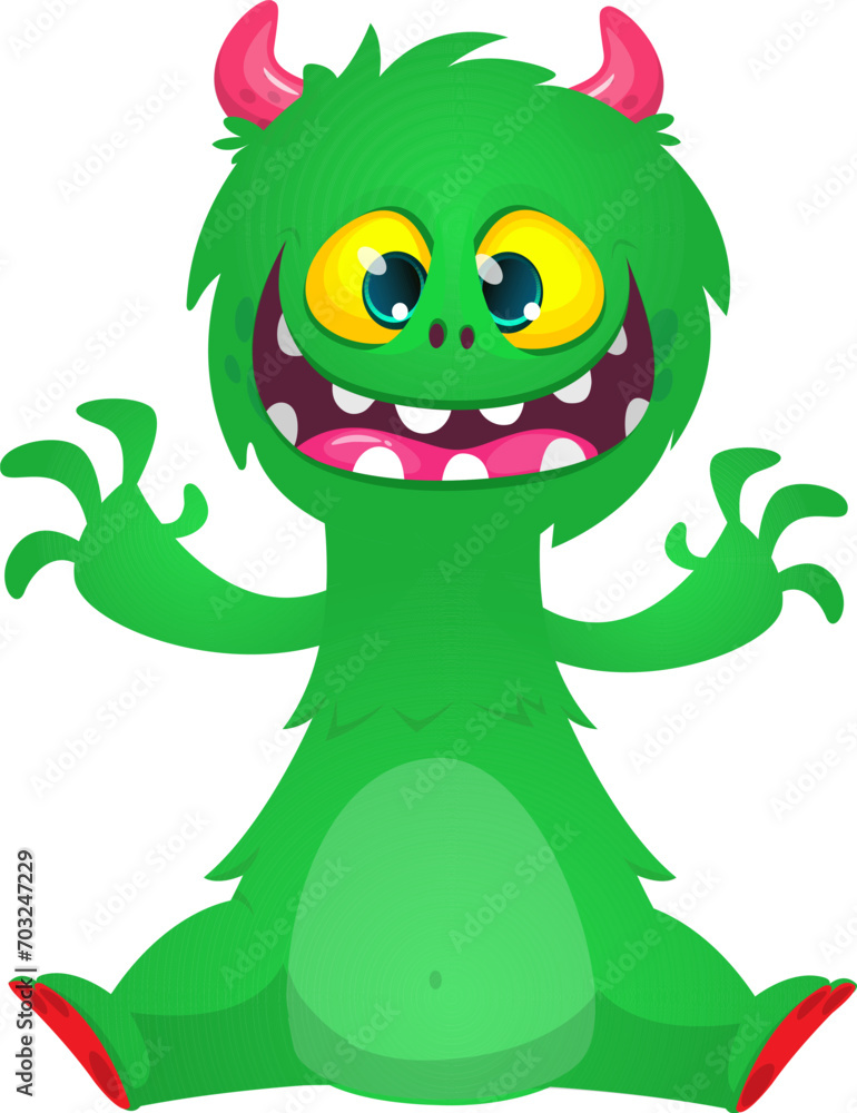 Fototapeta premium Cartoon happy monster with funny face expression sitting. Vector illustration isolated on white. Great for Halloween party or package design