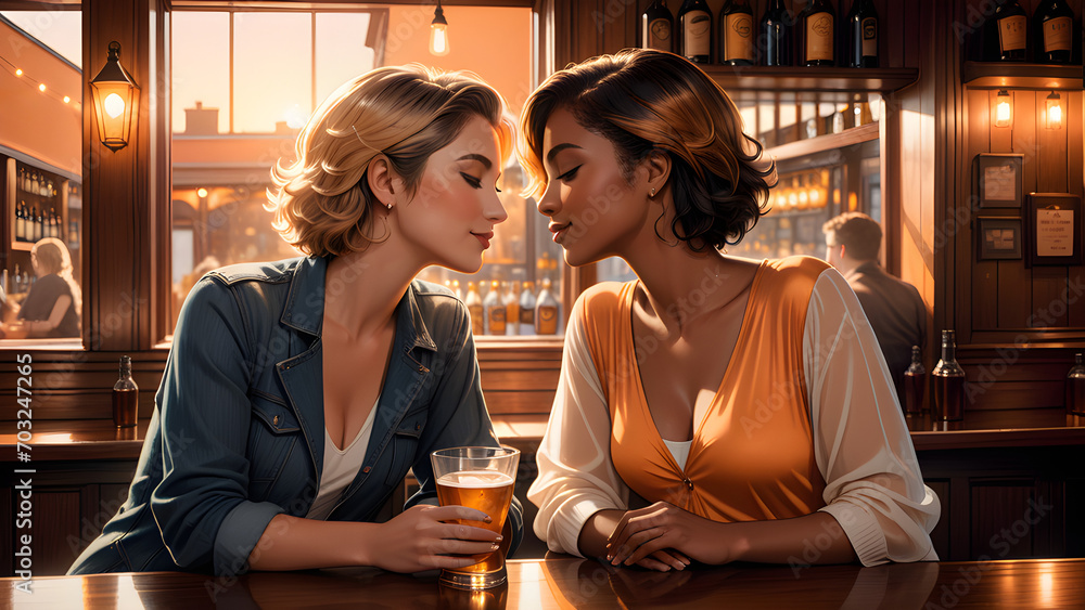 Interracial lesbian couple sharing a tender moment at a pub bar, coloured ink illustration.