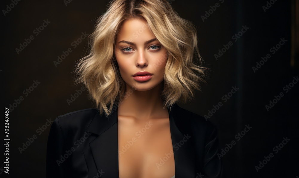 Chic and elegant blonde woman with a modern bob hairstyle, wearing a sleek black blazer, exudes confidence and sophistication