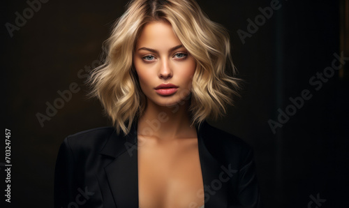 Chic and elegant blonde woman with a modern bob hairstyle, wearing a sleek black blazer, exudes confidence and sophistication