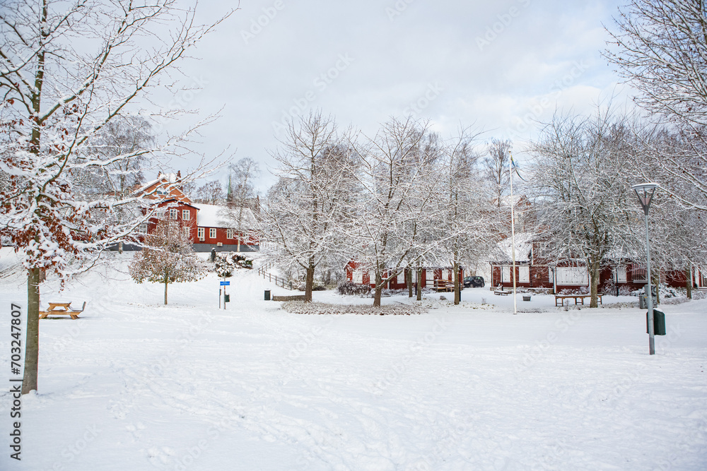 Naklejka premium Winter in Hembygdsparken park in Hassleholm, Sweden