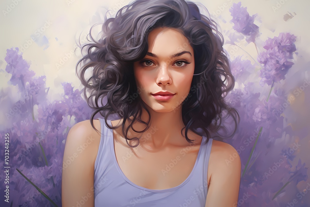 A magnetic and charming young woman, radiating grace against a subtle lavender background.