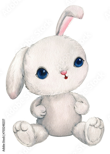 Cartoon Cute bunny, gray rabbit watercolor illustration isolated on white background. Watercolor funny bunnies