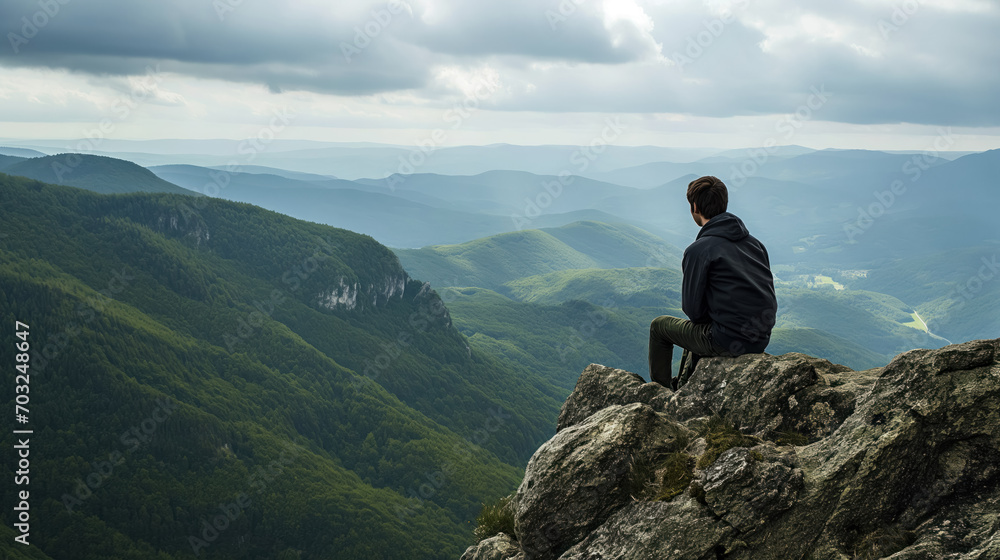 Solitary figure overlooking mountains.
