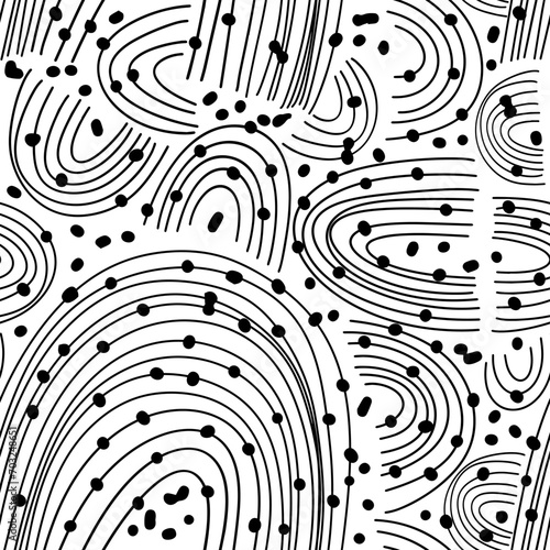 black and white seamless pattern of dots and arcs. hand drawing. Not AI, Vector illustration