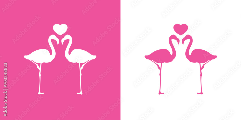 Silueta de dos flamingos de pie con corazón entre sus largos cuellos. Icono romántico. Logo para su uso en felicitaciones y tarjetas de San Valentín - obrazy, fototapety, plakaty 