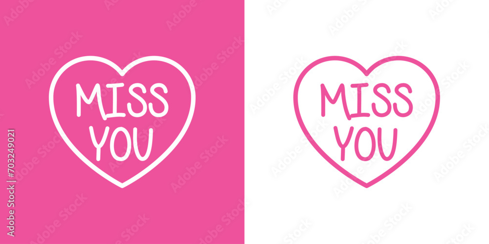 Logo del día de San Valentín. Texto manuscrito miss you en silueta de corazón con líneas para su uso en felicitaciones y tarjetas Logo del día de San Valentín. Texto manuscrito miss you en silueta de corazón con líneas para su uso en felicitaciones y tarjetas