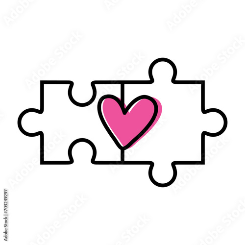 Logo del día de San Valentín. Silueta de piezas de puzzle lineal con corazón color rosa para su uso en felicitaciones y tarjetas