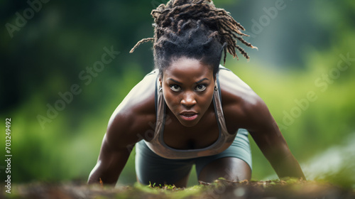 Close up photo of black female fitness enthusiast having an intensive workout in nature 