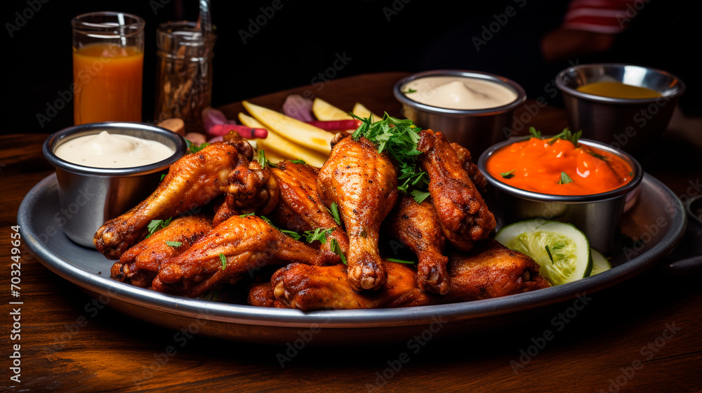 Fototapeta premium Fried wings on a plate. Selective focus.