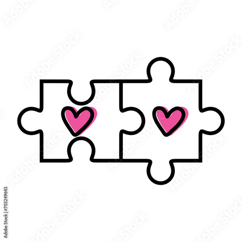 Logo del día de San Valentín. Silueta de piezas de puzzle lineal con dos corazones color rosa para su uso en felicitaciones y tarjetas