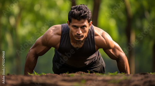 Close up photo of fitness enthusiast having an intensive workout in nature 