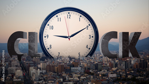 Time lape large clock Standing tall on a large city along with the letter clock