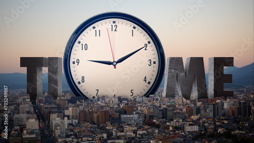 Time lape large clock Standing tall on a large city along with the letter time