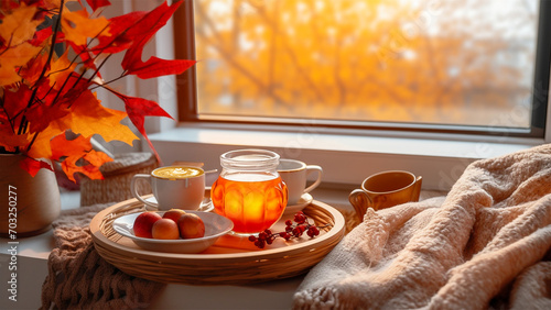 a cup of coffee and a candle on a window sill photo