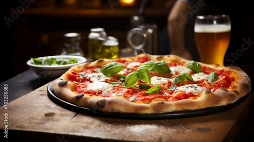 Pizza con pomodoro, mozzarella, pomodorini freschi, basilico e una birra fresca in una pizzeria in Italia