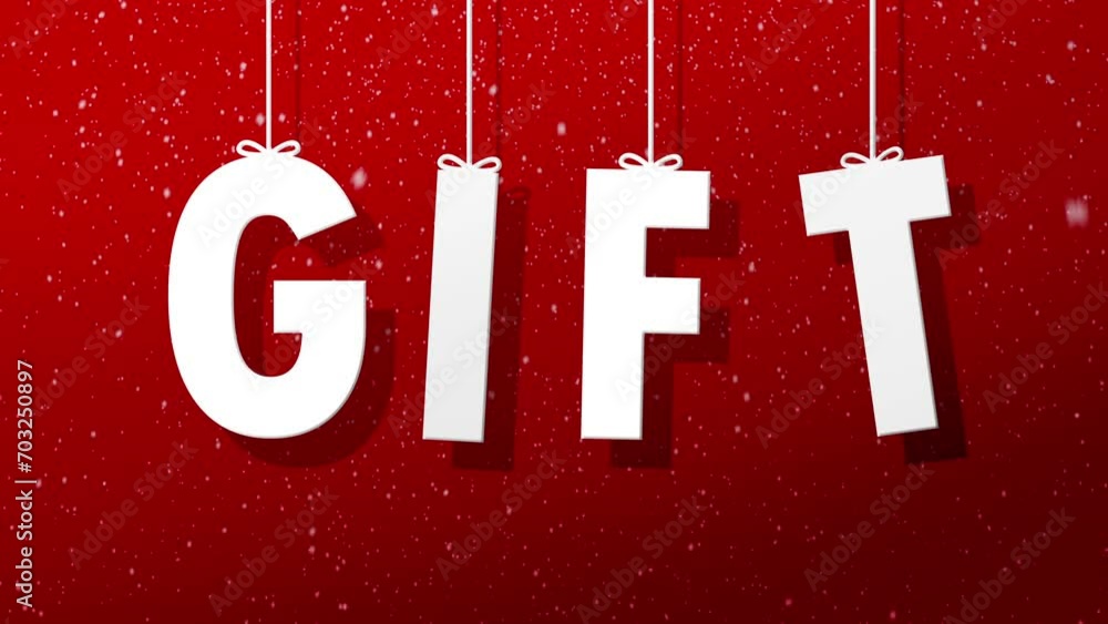 The letters gift fell down and bounced on a red background with snow falling The letters gift fell down and bounced on a red background with snow falling