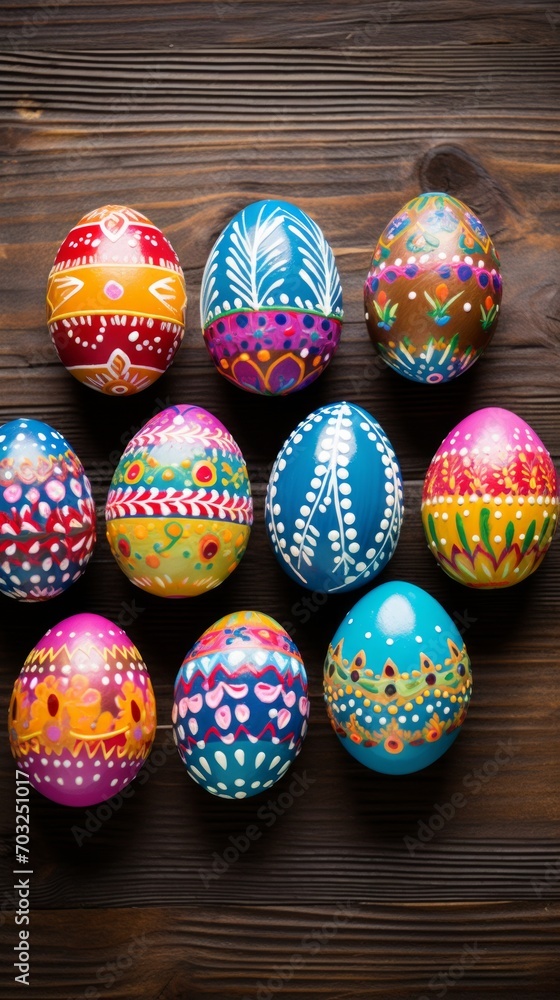 Colorful Easter Eggs Displayed on a Rustic Wooden Table