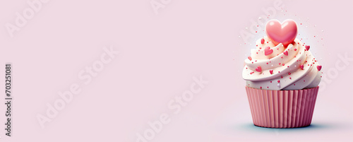 Cute cupcake with pink hearts on blurry background. Place for text. Wide banner. AI generated. photo