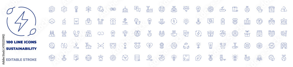 100 icons Sustainability collection. Thin line icon. Editable stroke. Sustainability icons for web and mobile app.