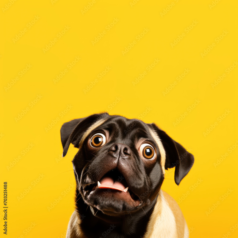 Funny shocked pug puppy on yellow background