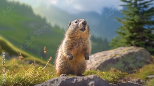 Marmot in the wild in a mountain valley in spring. Groundhog Day. Spring came. The groundhog woke up, weather forecast. A wild marmot stands on its hind legs in a field. Generative ai © Nataly G