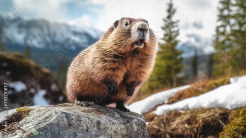 Marmot in the wild in a mountain valley in spring. Groundhog Day. Spring came. The groundhog woke up, weather forecast. A wild marmot stands on its hind legs in a field. Generative ai