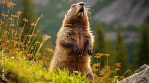 Marmot in the wild in a mountain valley in spring. Groundhog Day. Spring came. The groundhog woke up, weather forecast. A wild marmot stands on its hind legs in a field. Generative ai © Nataly G