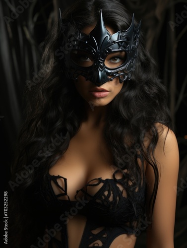 Allure captivating, a beautiful woman in mask mystery. Elegance meets seduction, lingerie enigmatic charm, spellbinding fusion of sensuality and concealed allure in intimate and stylish composition.