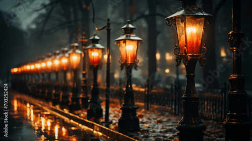 The light of lanterns on the road strewn with fallen leaves in the fog