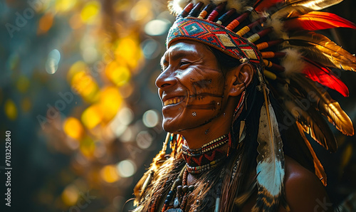 Joyful Indigenous man in traditional headdress, embodying cultural pride and heritage with a radiant smile against an autumnal blurred backdrop