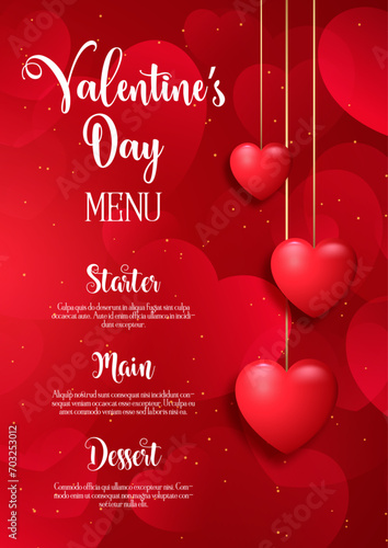 Valentines Day menu design with a red hearts background