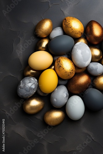 Colorful Easter eggs on dark gray background with golden decor, empty copy space Generative AI 