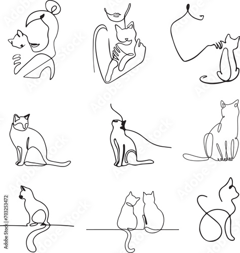 Fototapeta Naklejka Na Ścianę i Meble -  Woman with cat art line set 