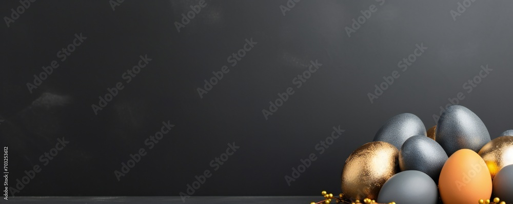 Colorful Easter eggs on dark gray background with golden decor, empty copy space Generative AI Colorful Easter eggs on dark gray background with golden decor, empty copy space Generative AI