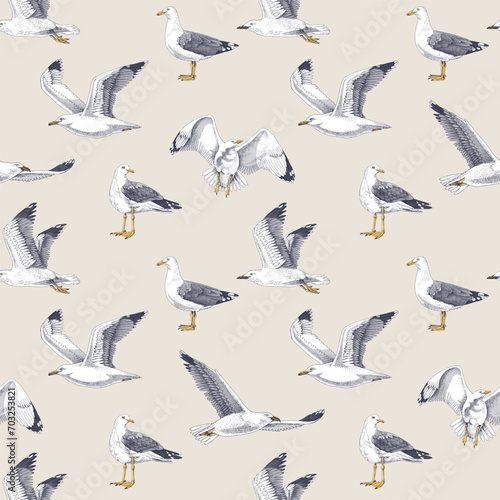 Hand drawn seagulls seamless pattern