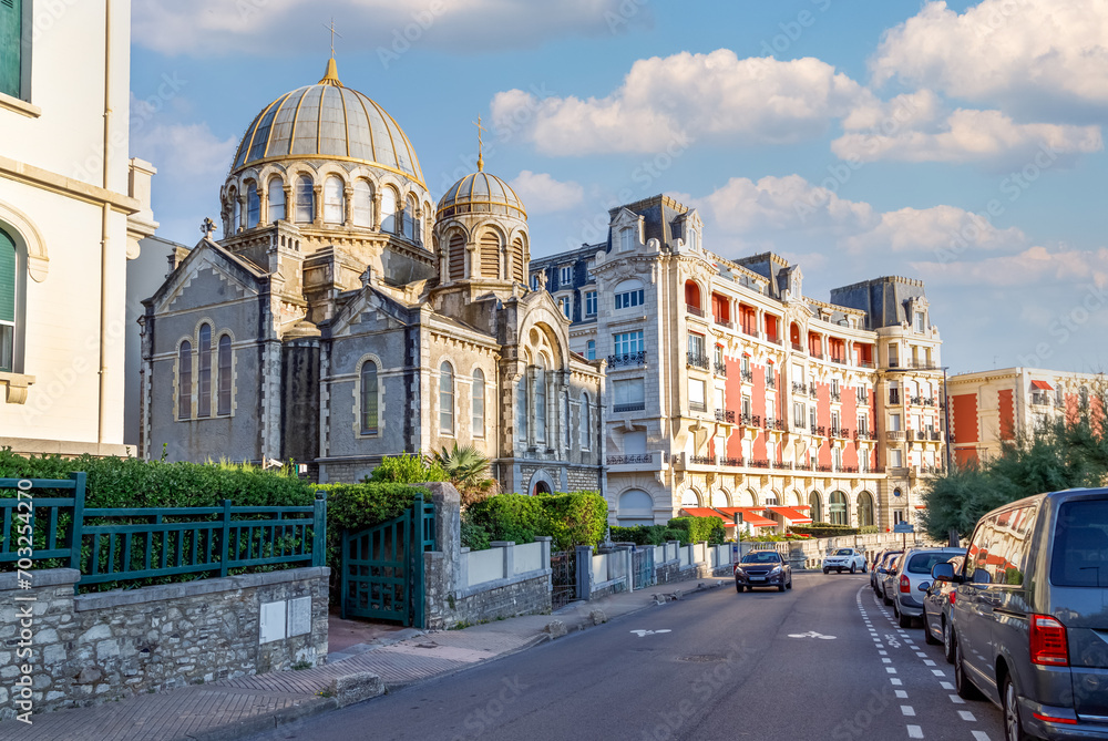 Biarritz, France. Street view with orthodox church and historical buildings. - obrazy, fototapety, plakaty 