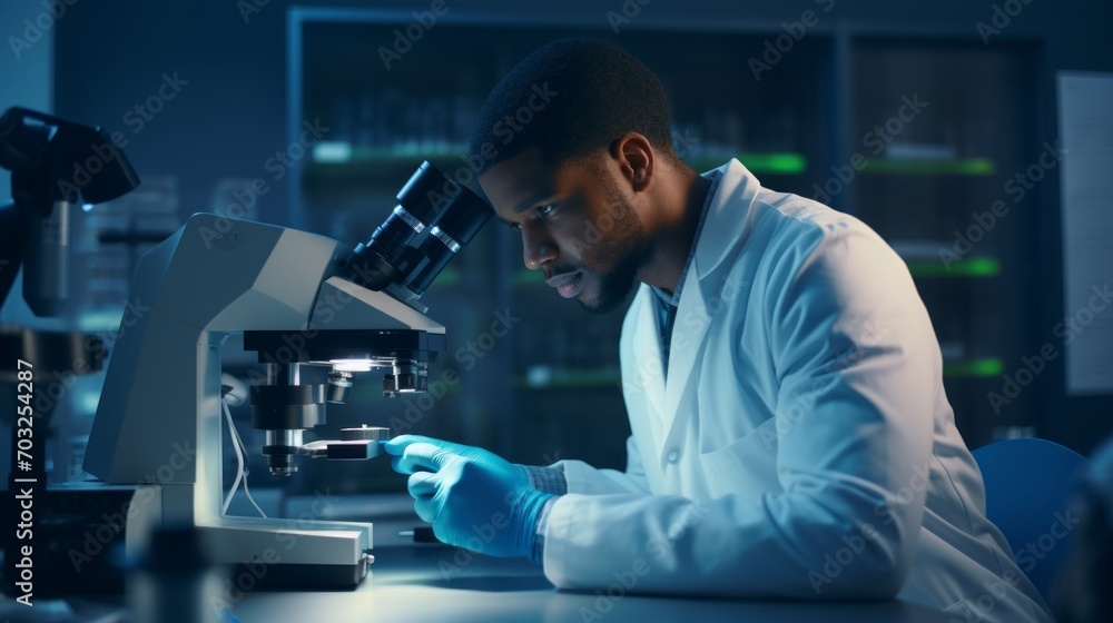 Portrait of a black male scientist looking under a microscope analyzing samples in a modern medical laboratory. Concepts of healthcare, microbiology, biotechnology. Portrait of a black male scientist looking under a microscope analyzing samples in a modern medical laboratory. Concepts of healthcare, microbiology, biotechnology.