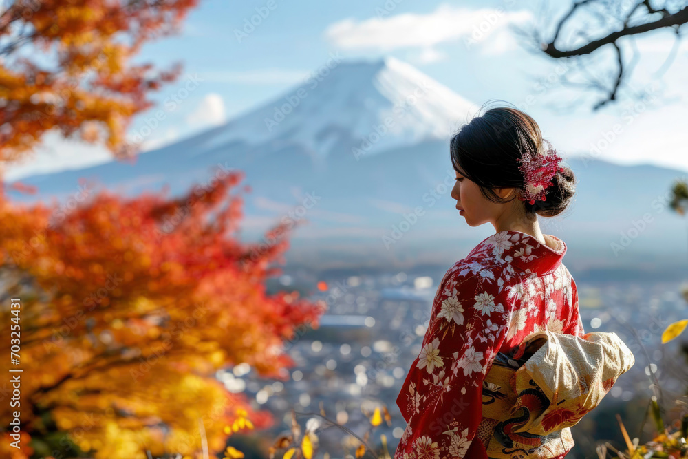 Japanese girl in autumn, Mount Fuji in background, generative ai Japanese girl in autumn, Mount Fuji in background, generative ai