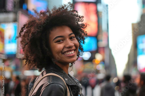 A happy girl exploring Times Square in NYC, generative AI