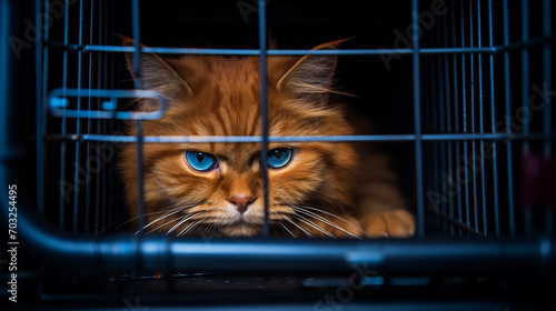Little cute kitten in the cage in cat shelter. Cat baby crying in the cage. © alexkich