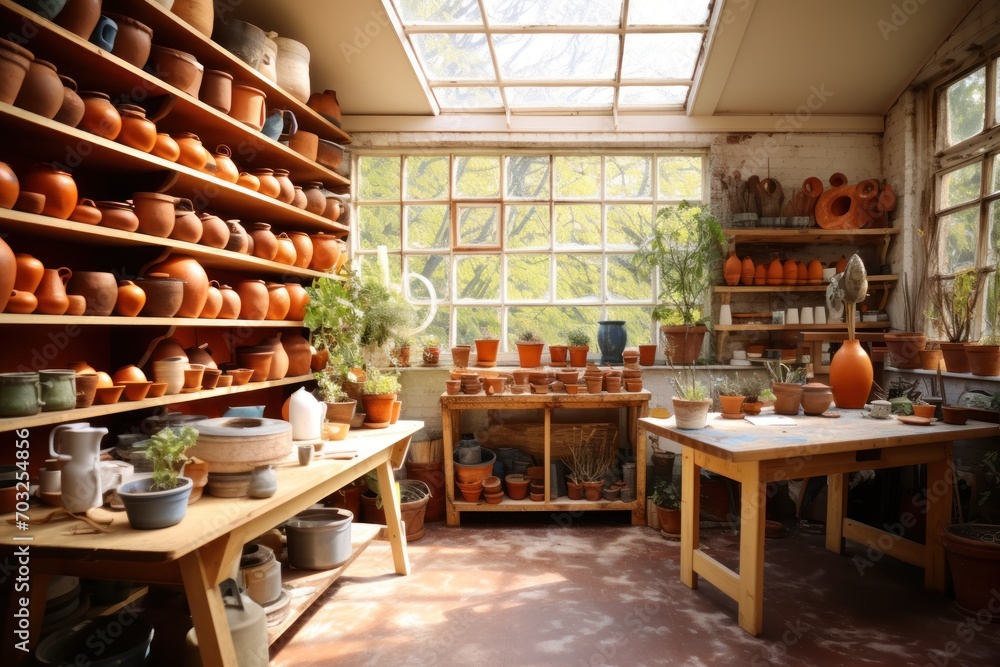Artisan pottery studio with earthenware and natural light Artisan pottery studio with earthenware and natural light