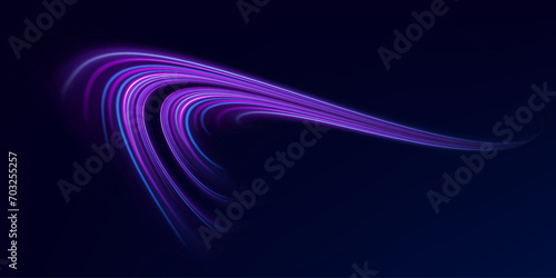 Light trail wave effect. Abstract motion lines, glowing headlights and optical fiber, PNG glow curve swirl, road car headlights and glowing white speed lines on a swirl light on the road.