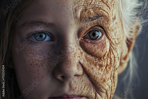 Portrait blending the youthful features of a girl with the wrinkled complexion of an elderly person, symbolizing the passage of time. photo