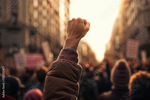 A passionate individual raising a clenched fist in the air during a massive street protest, embodying a moment of defiance and solidarity. © Creative Clicks