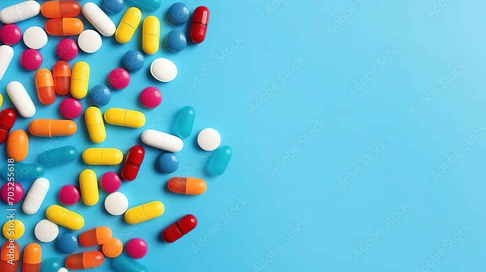 Colorful pills and capsules on a blue background. Place for text on the right. Medical Frame