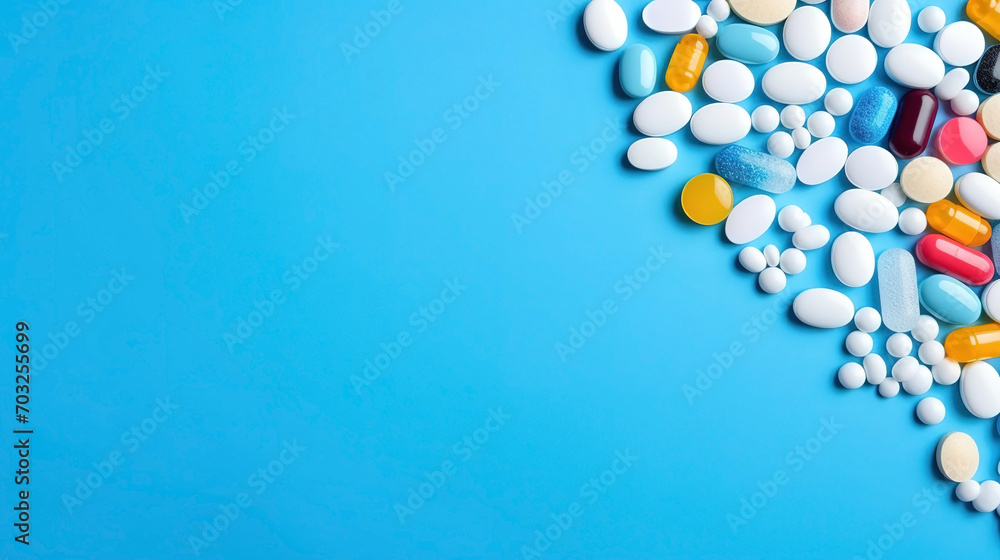 Colorful pills and capsules on a blue background. Place for text on the left. Medical Frame Colorful pills and capsules on a blue background. Place for text on the left. Medical Frame